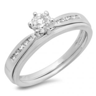 0.50 Carat (ctw) 14K White Gold Round Cut Diamond Ladies Bridal Engagement Ring With Matching Band Set 1/2 CT