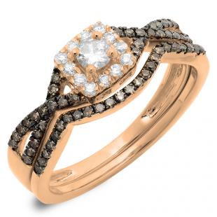 0.60 Carat (ctw) 10K Rose Gold Round Cut Champagne & White Diamond Ladies Swirl Split Shank Bridal Halo Engagement Ring With Matching Band Set
