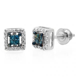 0.30 Carat (ctw) 10K White Gold Princess & Round Blue & White Diamond Ladies Square Shape Invisible Set Stud Earrings 1/3 CT