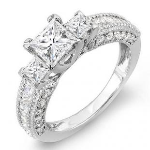 2.25 Carat (ctw) 14K White Gold Princess & Round Diamond Ladies 3 stone Bridal Engagement Ring