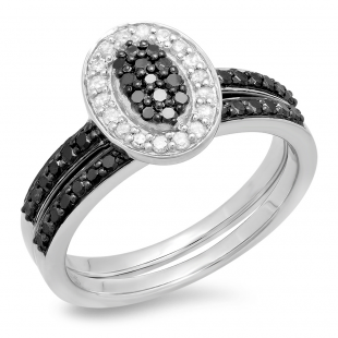 0.55 Carat (ctw) 925 Sterling Silver Round Black & White Diamond Ladies Oval Bridal Promise Engagement Ring Set With Matching Band 1/2 CT
