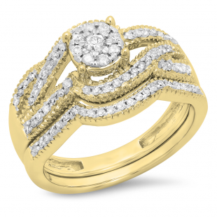 0.50 Carat (ctw) 18K Yellow Gold Round White Diamond Ladies Swirl Split Shank Bridal Cluster Engagement Ring Set 1/2 CT