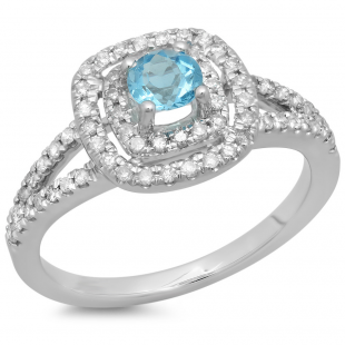 0.80 Carat (ctw) 18K White Gold Round Blue Topaz & White Diamond Ladies Split Shank Engagement Halo Bridal Ring 3/4 CT