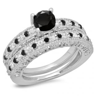 1.50 Carat (ctw) Sterling Silver Round Cut Black & White Diamond Ladies Bridal Vintage Style Engagement Ring With Matching Band Set 1 1/2 CT
