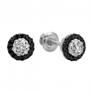 0.30 Carat (ctw) Sterling Silver Round Black And White Diamond Ladies Circle Cluster Stud Earrings 1/3 CT