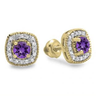 0.75 Carat (ctw) 10K Yellow Gold Round Cut Amethyst & White Diamond Ladies Halo Stud Earrings 3/4 CT