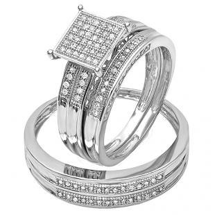 0.27 Carat (ctw) Sterling Silver Round White Diamond Men's & Women's Micro Pave Engagement Ring Trio Bridal Set 1/4 CT