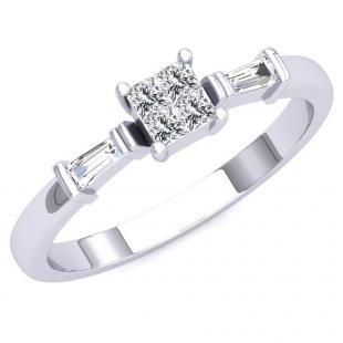 0.20 Carat (ctw) 14K White Gold Princess & Tapered Cut White Diamond Ladies Invisible Engagement Ring 1/5 CT