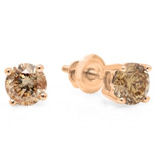1.00 Carat (ctw) 14K Rose Gold Round Cut Champagne Diamond Ladies Stud Earrings 1 CT