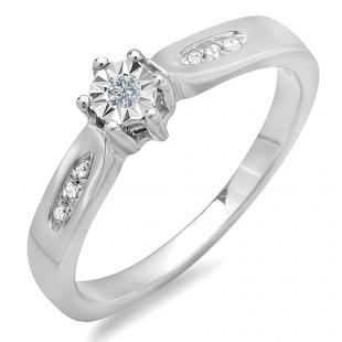 0.08 Carat (ctw) Sterling Silver Round White Diamond Ladies Solitaire With Accent Engagement Bridal Promise Ring