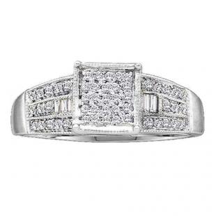 0.25 Carat (ctw) 18K White Gold Round & Baguette Cut White Diamond Ladies Micro Pave Promise Engagement Ring 1/4 CT
