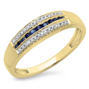 0.20 Carat (ctw) 18K Yellow Gold Round Blue Sapphire & White Diamond Ladies Anniversary Wedding Band Stackable Ring 1/5 CT