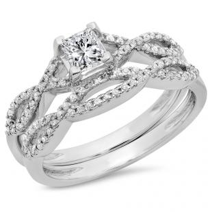 0.75 Carat (ctw) 10K White Gold Princess & Round Diamond Ladies Bridal Swirl Engagement Ring With Matching Band Set 3/4 CT