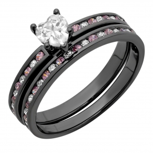 2.00 Carat (ctw) Black Rhodium Plated Sterling Silver Heart Cut White & Round Pink Sapphire Cubic Zirconia Ladies Bridal Engagement Ring With Matching Band Set 2 CT