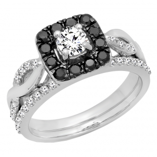 1.00 Carat (ctw) 10K White Gold Round Cut Black & White Diamond Ladies Swirl Split Shank Halo Bridal Engagement Ring With Matching Band Set 1 CT