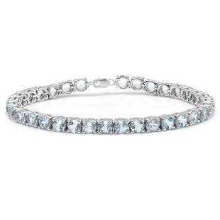 10.00 Carat (ctw) Sterling Silver Real Round Cut Aquamarine Ladies Tennis Bracelet