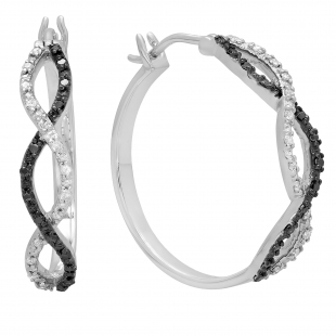 0.33 Carat (ctw) Sterling Silver Round Black & White Diamond Ladies Swirl Hoop Earrings 1/3 CT