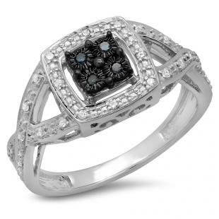 0.15 Carat (ctw) Sterling Silver Round Cut Blue & White Diamond Ladies Swirl Split Shank Bridal Promise Ring