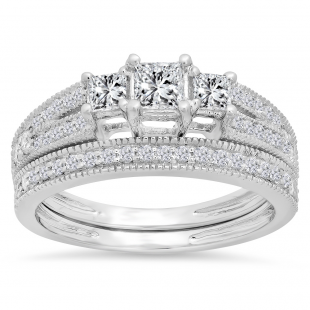 1.00 Carat (ctw) 14K White Gold Princess & Round Cut 3 Stone Diamond Ladies Engagement Bridal Ring Set Matching Band 1 CT