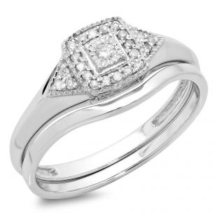 0.15 Carat (Ctw) 10K White Gold Round White Diamond Ladies Bridal Engagement Ring Matching Band Set
