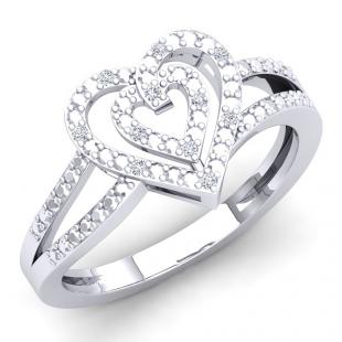 0.10 Carat (ctw) Sterling Silver Round White Diamond Ladies Promise Double Heart Love Split Shank Engagement Ring 1/10 CT
