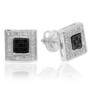 0.15 Carat (ctw) Sterling Silver Round White & Black Diamond Micro Pave Setting Kite Shape Stud Earrings