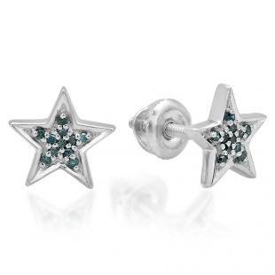 0.10 Carat (ctw) Sterling Silver Round Cut Blue Diamond Ladies Star Shape Fashion Stud Earrings 1/10 CT