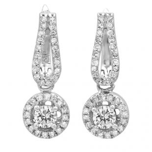 0.60 Carat (ctw) 10K White Gold Round White Diamond Ladies Halo Style Dangling Drop Earrings