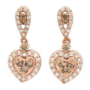 0.50 Carat (ctw) 18K Rose Gold Round Champagne & White Diamond Ladies Heart Dangling Earrings 1/2 CT