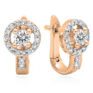 0.50 Carat (ctw) 14K Rose Gold Round White Diamond Ladies Halo Style Hoop Earrings 1/2 CT
