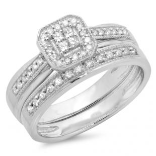 0.35 Carat (ctw) Sterling Silver Round & Princess Cut White Diamond Ladies Bridal Engagement Ring With Matching Band Set 1/3 CT