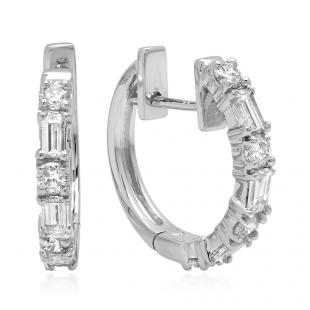 0.45 Carat (ctw) 18K White Gold Round & Baguette Cut White Diamond Ladies Huggies Hoop Earrings 1/2 CT