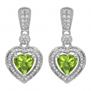 2.20 Carat (ctw) 14K White Gold Heart Cut Peridot & Round Cut White Diamond Ladies Heart Dangling Earrings