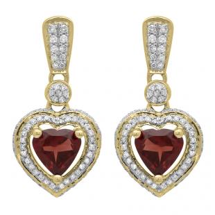 2.20 Carat (ctw) 14K Yellow Gold Heart Cut Red Garnet & Round Cut White Diamond Ladies Heart Dangling Earrings