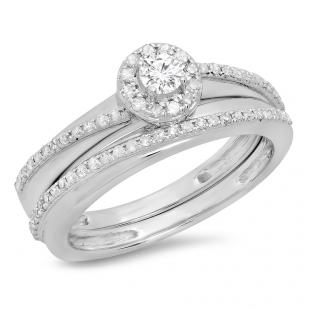 0.45 Carat (ctw) 10K White Gold Round White Diamond Ladies Bridal Halo Style Engagement Ring Set 1/2 CT