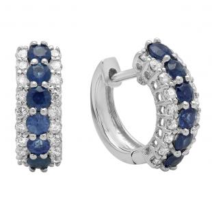 1.40 Carat (Ctw) 14K White Gold Round White Diamond & Blue Sapphire Ladies Huggies Hoop Earrings