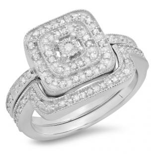 0.30 Carat (ctw) 14K White Gold Round White Diamond Ladies Bridal Halo Style Engagement Ring With Matching Band Set 1/3 CT