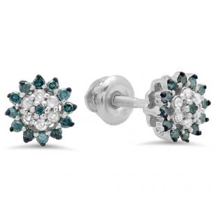0.25 Carat (ctw) Sterling Silver Round Blue & White Diamond Ladies Cluster Style Stud Earrings 1/4 CT