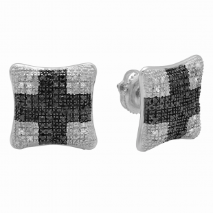 0.10 Carat (ctw) Sterling Silver Round Black & White Diamond Ladies Kite Shape Stud Earrings 1/10 CT