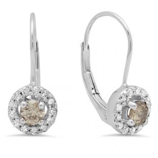 0.55 Carat (Ctw) 10K White Gold Round White & Champagne Diamond Ladies Halo Style Huggies Hoop Earrings 1/2 CT
