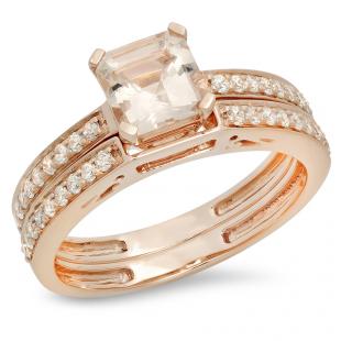 1.35 Carat (ctw) 10K Rose Gold Asscher Morganite & Round White Diamond Ladies Bridal Engagement Ring Set