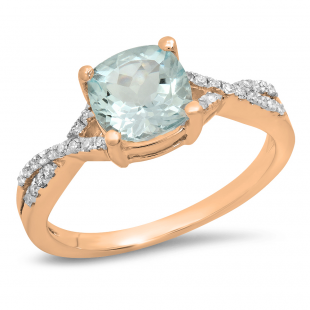 1.45 Carat (ctw) 10K Rose Gold Cushion Aquamarine & Round White Diamond Ladies Swirl Split Shank Bridal Engagement Ring 1 1/2 CT
