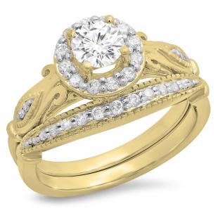 0.90 Carat (ctw) 18K Yellow Gold Round Cut White Diamond Ladies Bridal Halo Vintage Style Engagement Ring With Matching Band Set