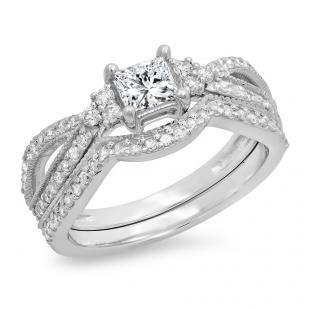 1.00 Carat (ctw) 18K White Gold Princess & Round Cut White Diamond Ladies Bridal Split Shank Engagement Ring With Matching Band Set 1 CT