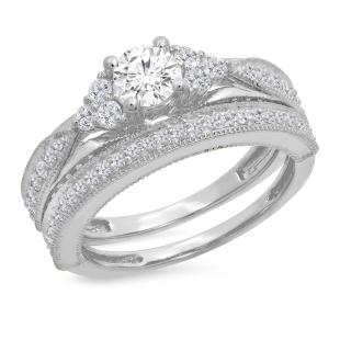 1.45 Carat (ctw) 10K White Gold Round Cut White Diamond Ladies Bridal Engagement Ring With Matching Band Set 1 1/2 CT