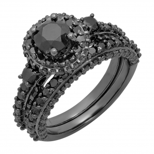 3.10 Carat (ctw) Black Rhodium Plated Sterling Silver Round Black Diamond Ladies Bridal Halo Style Engagement Ring With Matching Band Set