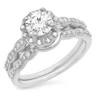 0.90 Carat (ctw) 10K White Gold Round White Moissanite & Real Diamond Ladies Bridal Halo Style Engagement Ring With Matching Band Set