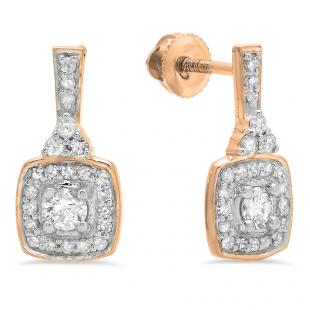 0.50 Carat (ctw) 18K Rose Gold Round White Diamond Ladies Halo Style Dangling Earrings 1/2 CT