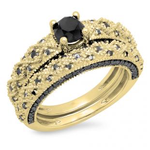 1.45 Carat (ctw) 10K Yellow Gold Round Cut Black Diamond Ladies Bridal Vintage Style Engagement Ring With Matching Band Set 1 1/2 CT