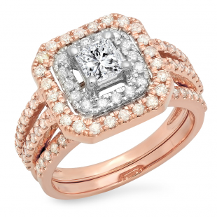 1.55 Carat (ctw) 14K White & Rose Gold Two Tone Princess & Round Diamond Ladies Square Split Shank Halo Bridal Engagement Ring Set 1 1/2 CT